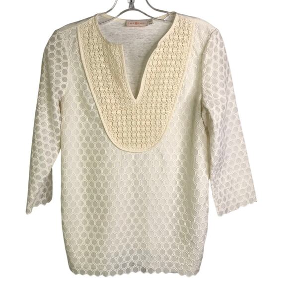 Tory Burch Top Womens Sz XS 52142111 Cream V-Neck 3/4 See Through Sleeve - Picture 1 of 9